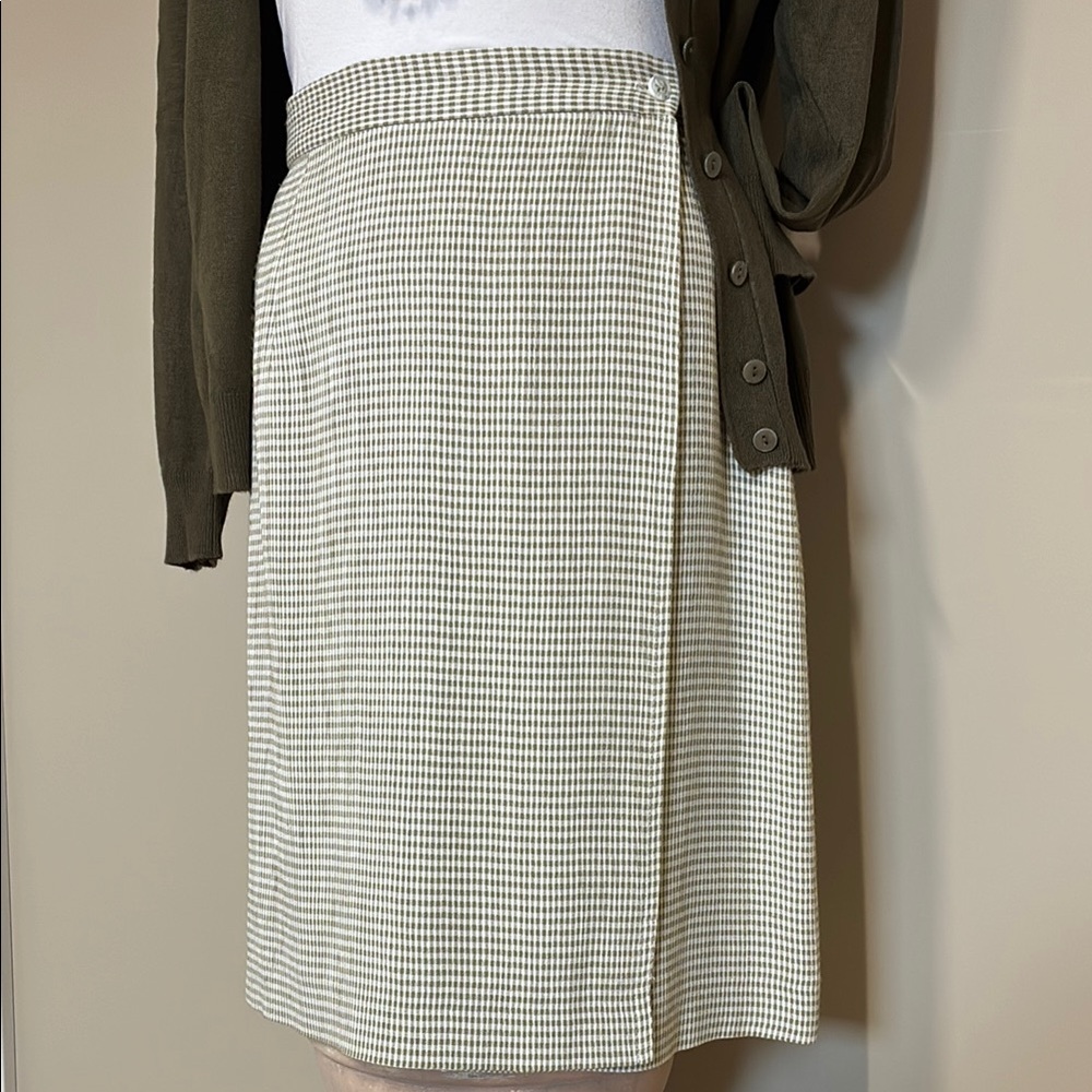 Gingham Midi Wrap Skirt; Vintage Light Olive Green & White, Lined, Size 2; EUC